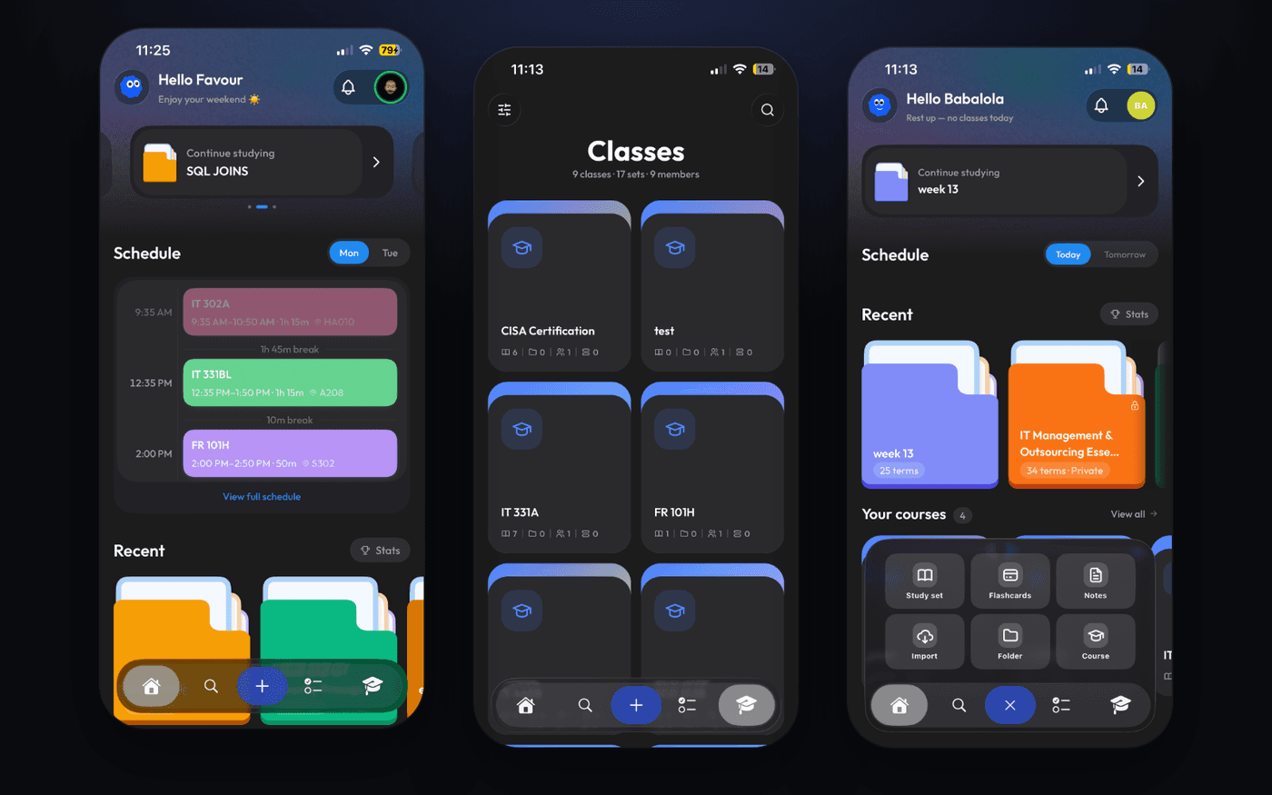 Clevaly on iPhone: home, classes and quick create