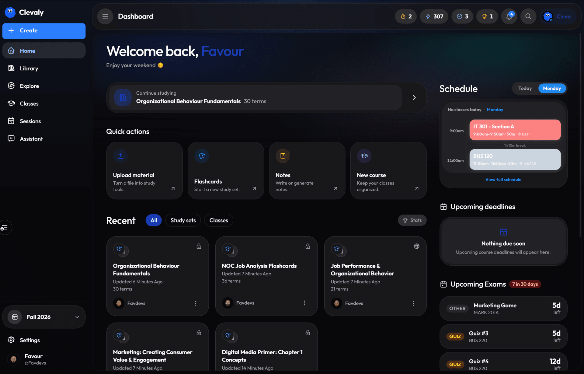 Clevaly web dashboard with schedule, deadlines and recent study sets