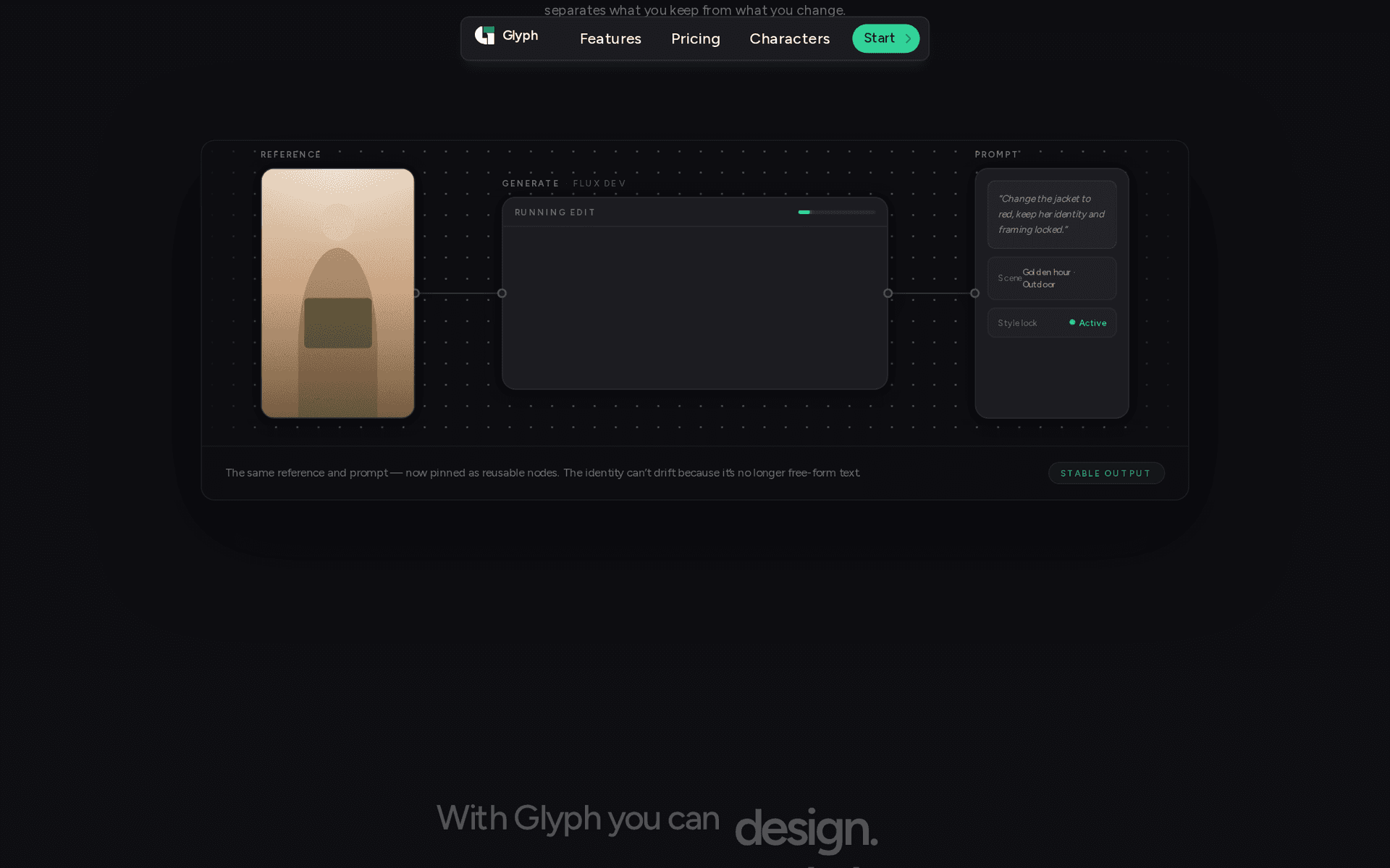 Glyph landing page: the same reference and prompt pinned as reusable nodes