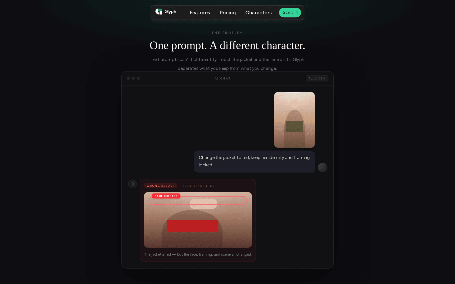 Glyph landing page: one prompt, a different character