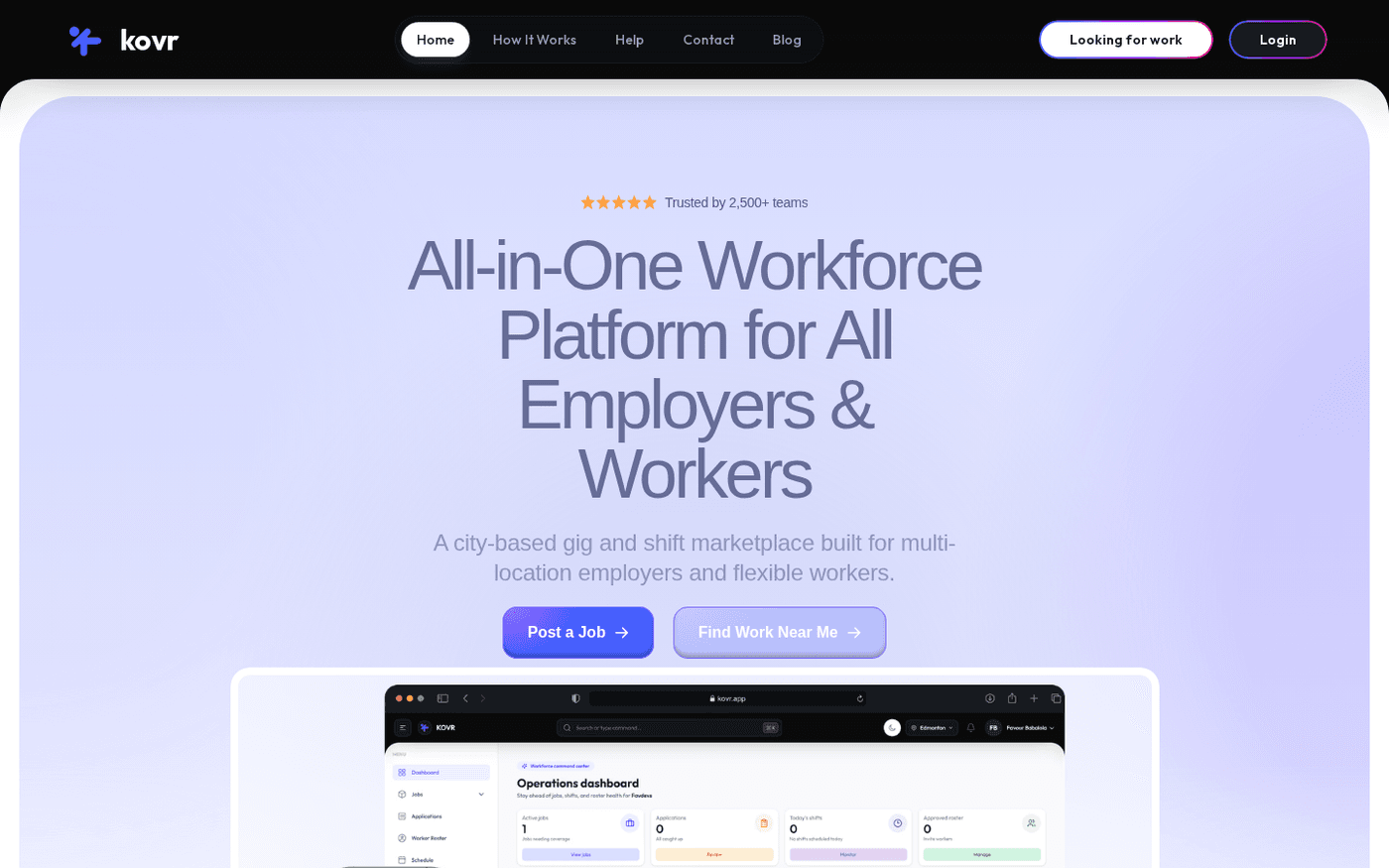 kovr.app landing page: an all-in-one workforce platform