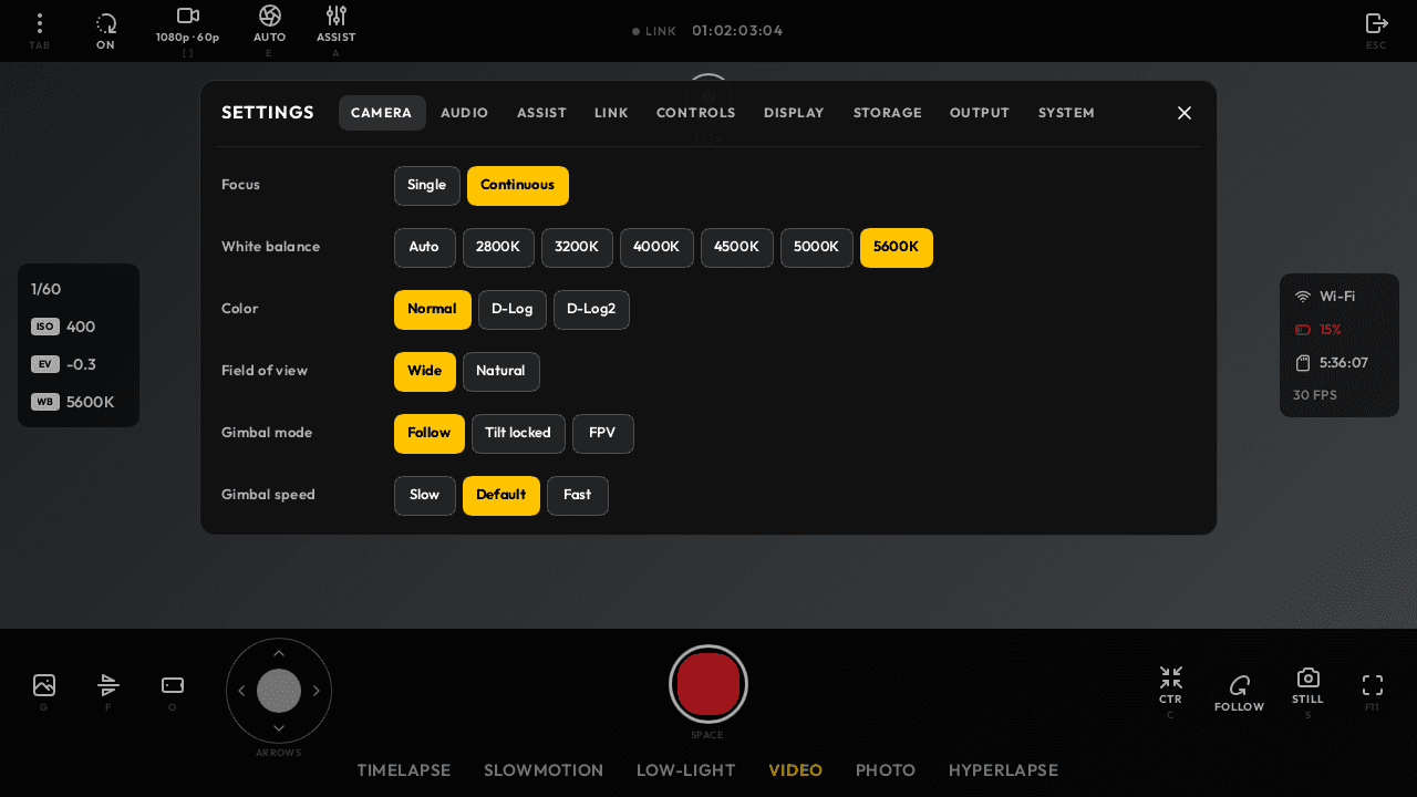 Pocket Monitor camera settings