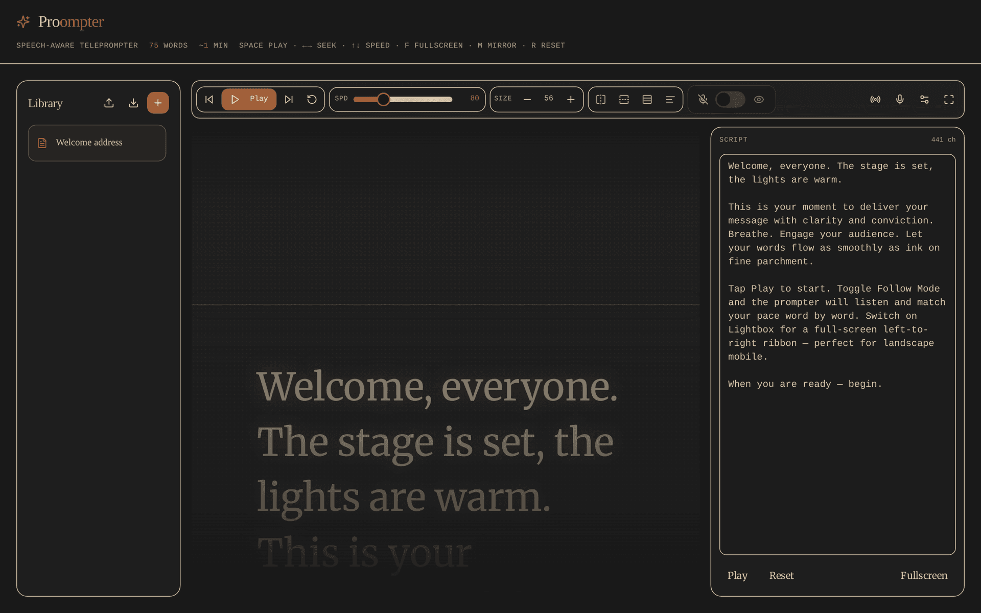 Proompter on desktop: script library, controls, the reading stage and the script editor