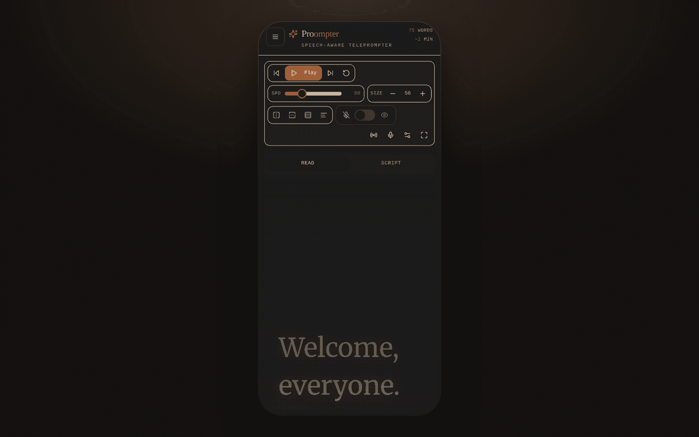 Proompter on a phone with the read and script tabs