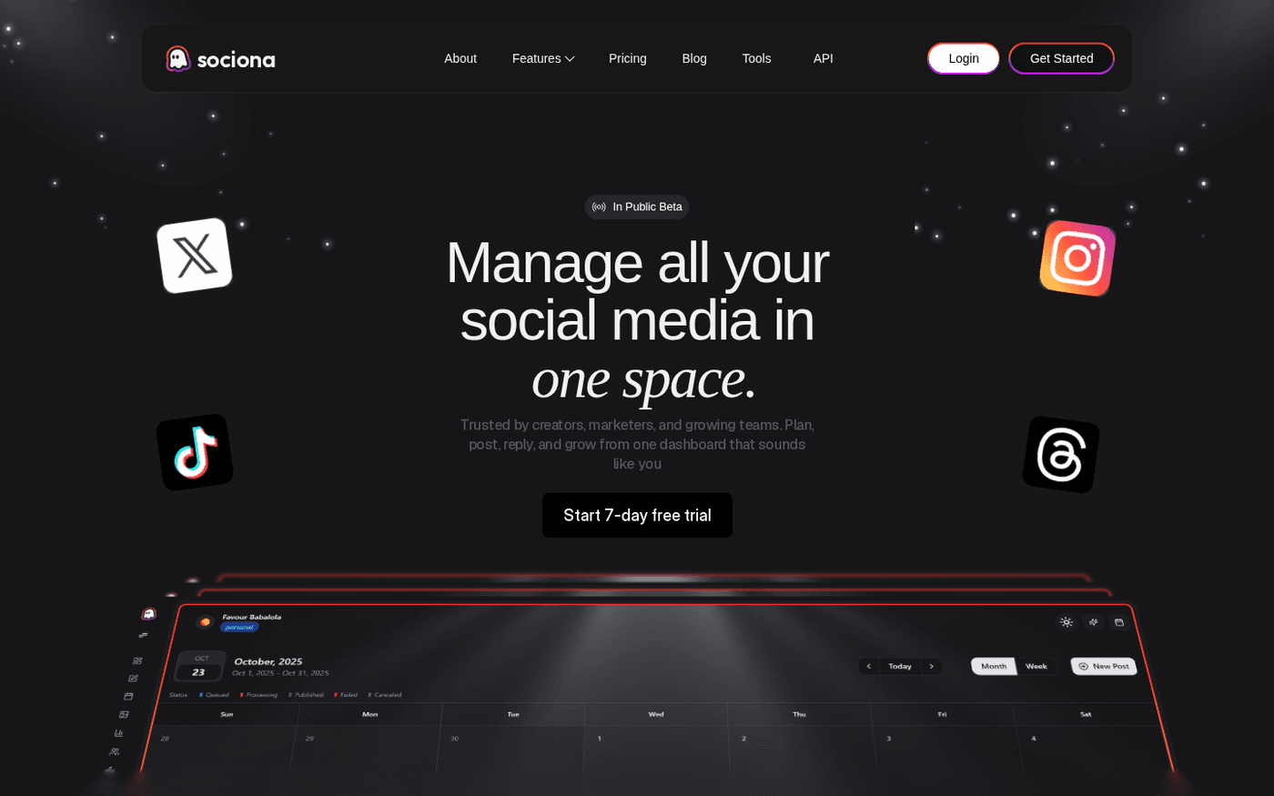 Sociona landing page: manage all your social media in one space