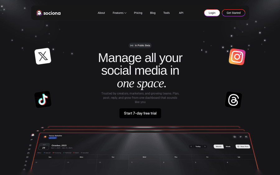 Sociona landing page: manage all your social media in one space