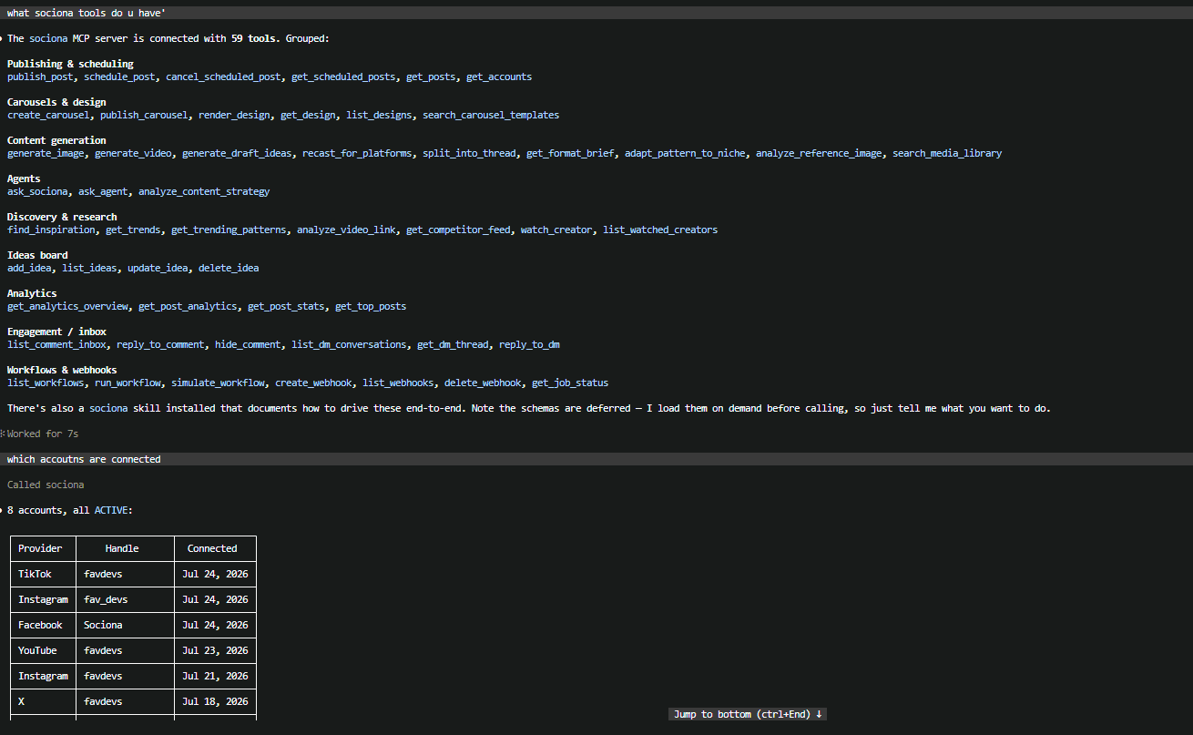 Claude Code listing the tools on the Sociona MCP server and the connected accounts