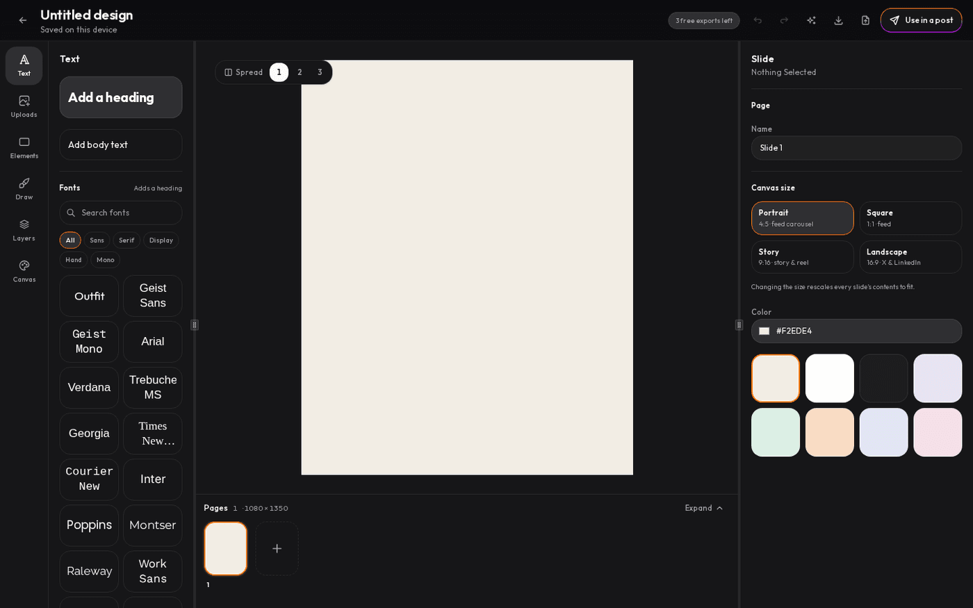 Stencil editor with fonts panel, canvas and page strip