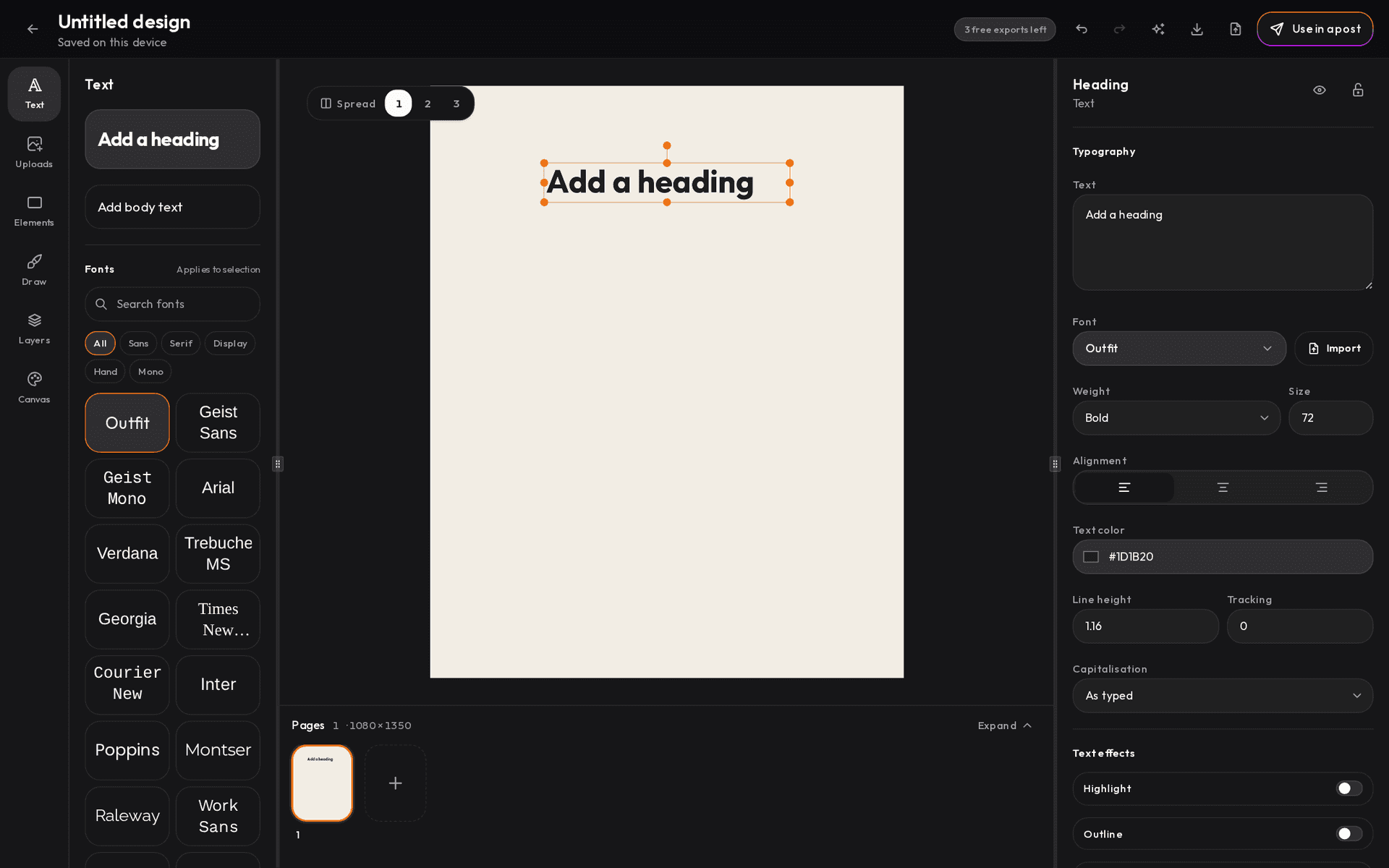 Stencil editor with a heading selected and its typography settings