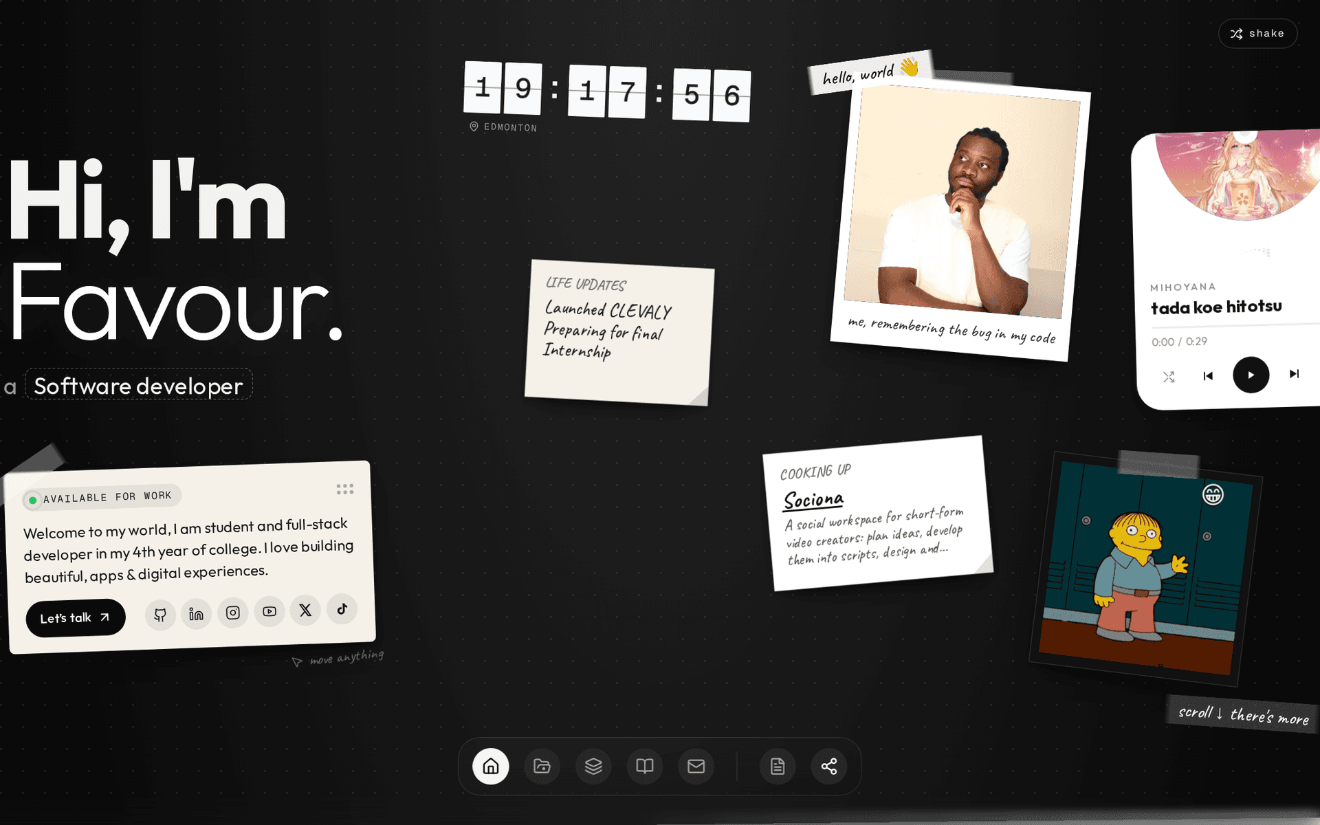 The favdevs.me home page: a dotted desk with a flip clock, polaroid, sticky notes, a music player and the dock